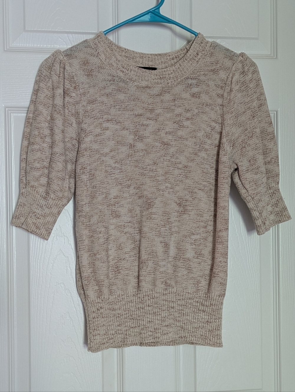 Anne Taylor Loft Sweater Short-Sleeve Puff-Shoulder Pullover Tan & Brown Medium